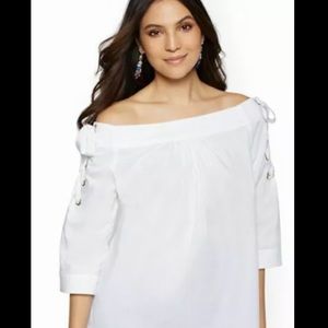 NY & Co 7th Ave White Off-Shoulder Lace-Up Poplin Blouse Size L